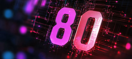 Glowing Digital 3D Number Eighty in a Futuristic Style with Glowing Lines on an Abstract Backgroundの素材