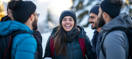 Cheerful Friends Enjoy Winter Adventures Sharing Smiles and Camaraderie in Snowy Forest Landscapeの素材