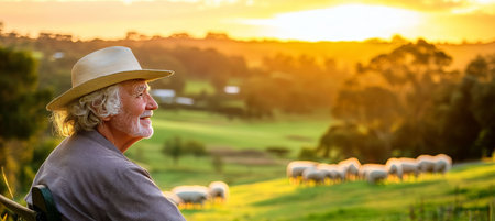 Golden Hour on the Farm Senior Farmer Watches Sheep at Sunset, Peace and Tranquilityの素材