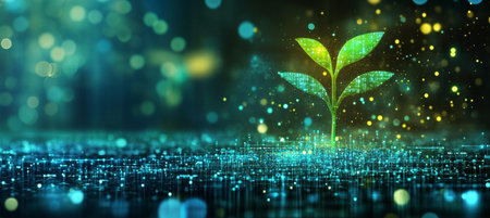 Digital Sprout and Sustainable Growth Convergence of Nature and Technology in Abstract Illustrationの素材