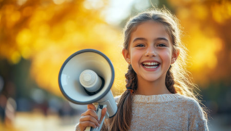 Girl, 7 Years Old, With Megaphone In Autumn. Portrait Of Child Smiling And Having Fun Outdoors.の素材