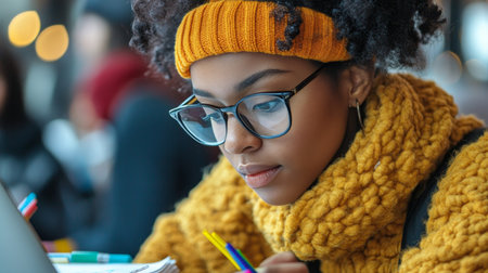 Young Woman Finds Inspiration, Sketching Ideas in Notebook at Cozy Cafe, Embracing Creativityの素材