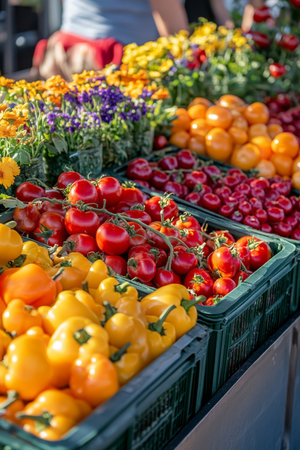 Vibrant Bounty, Colorful Display of Fresh Produce and Flowers at a Local Farmers Marketの素材
