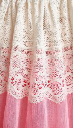 Soft Pink and Off-White Cream Lace Textile Background, Detailed Floral Pattern with Copy Space.の素材