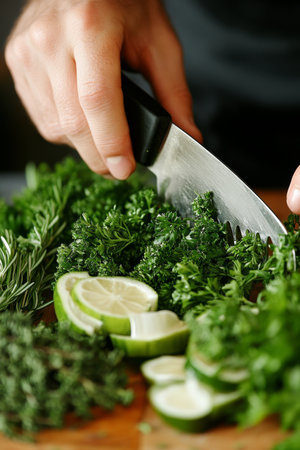 Fresh, Vibrant Ingredients Chef s Hands Preparing Herbs and Citrus on a Cutting Boardの素材