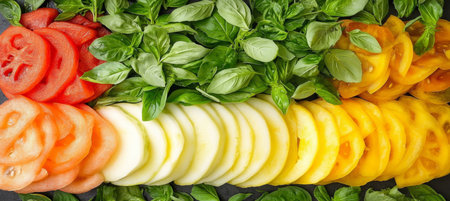 Vibrant Sliced Red and Yellow Tomatoes with Zucchini, Garnished with Fresh Basil Leavesの素材