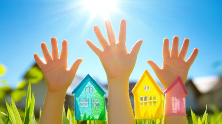 Children s Hands Presenting Colorful Miniature Homes, Symbolizing Community, Hope, And Supportの素材