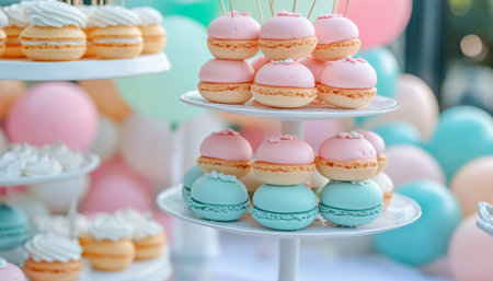 Colorful Dessert Table with Macarons and Balloons, Perfect for Birthday Celebrations and Eventsの素材