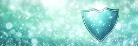 Blue Glowing Glitter Shield On Light Blue Defocused Background, With Abstract Concept Of Securityの素材