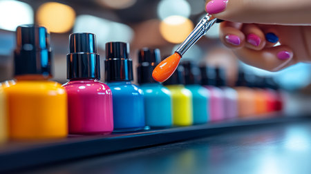 Woman s Hand with Orange Nail Polish Brush Hovering Over a Selection of Colorful Bottles on a Tableの素材