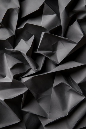 Abstract Geometric Background, Dark Gray Crumpled Paper Texture With Folds And Shadows, Full Frameの素材