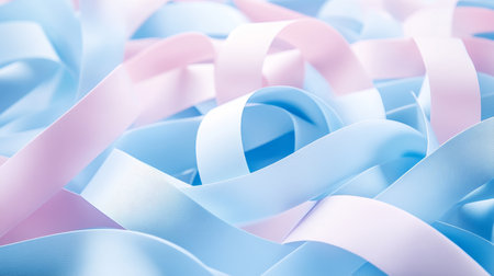 Abstract Background With Pastel Blue And Pink Swirling Satin Ribbons, Plenty Of Copy Spaceの素材