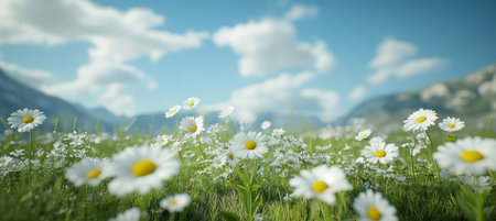 Field of daisies under a summer sky. Daisies in a meadow illuminated by sunlight against mountains.の素材