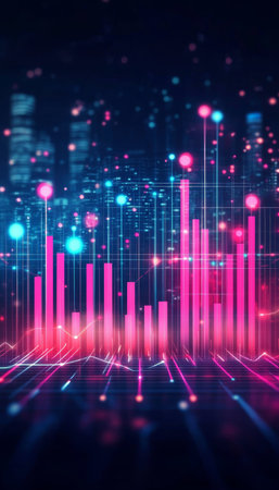 Neon Financial Data Visualization, Glowing Charts, Graphs, and Upward Arrows on Dark Backgroundの素材