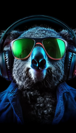 Neon Party Vibes Relaxed Koala DJ Grooving to Music, Wearing Green Sunglasses on Black Backgroundの素材