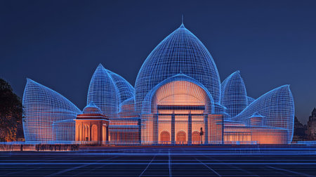 Lotus Temple Outlined in Glowing Blue, Network Visualization, Digital Architecture, New Delhiの素材