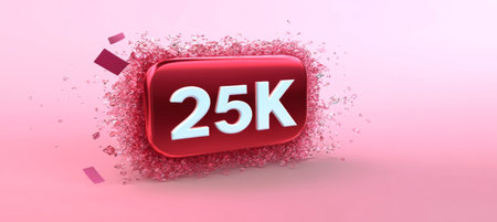3D Render Of A Red Button With 25K Text Surrounded By Pink Confetti On A Pink Backgroundの素材