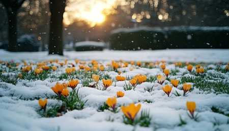 Spring s Arrival Yellow Crocuses Blooming Through Melting Snow, Bathed in Golden Sunlightの素材