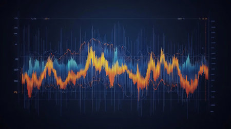 Abstract Financial Graph Price Fluctuations in Blue, Orange, and Yellow on Dark Backgroundの素材