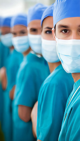 Confident Surgical Team of Professionals in Scrubs and Masks Aligned in Hospital Readinessの素材