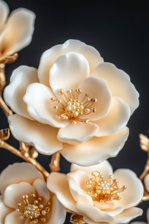 Delicate white sculpted blossom with golden center attached to thin gold stem. Stark backgroundの素材