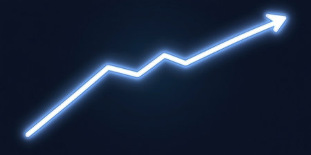 Glowing Neon Blue Ascending Business Success Graph Line Arrow on Dark Blue Gradient Backgroundの素材