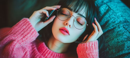 Tired Young Woman with Glasses Holding a Phone to Her Ear While Touching Eye with Tired Expressionの素材
