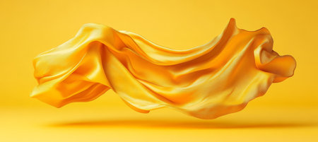 Flowing Yellow Fabric, Luxurious Cloth Waving in the Air on a Yellow Background for Design Elementの素材
