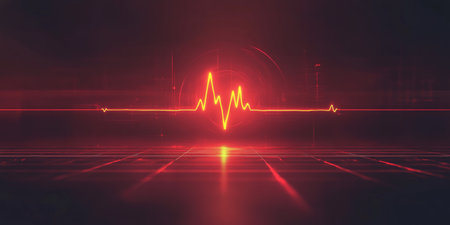 Abstract Red Electrocardiogram Line with Glowing Effect on a Dark, Futuristic Grid Backgroundの素材