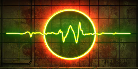 Neon Electrocardiogram Line Vibrant Red Green Grunge Texture EKG Healthcare Medical Bannerの素材