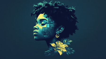 Stylized Female Profile, Technology Infused Portrait with Floral Accents, AI, Robotics Conceptの素材