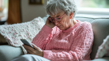 Stressed Senior Woman Struggling with Smartphone. Elderly Frustration with Technologyの素材