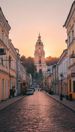 Historic Center of Kyiv With Saint Sophia Cathedral Bell Tower, Summer Sunrise Over Cityscapeの素材