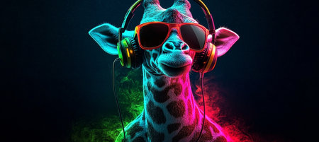Neon Party Animal Giraffe Rocks Out With Headphones and Sunglasses in Colorful Music Celebrationの素材