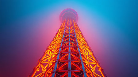Towering Telecommunications Tower Illuminated at Night, Urban Landscape, Tokyo, Japanの素材