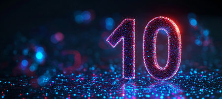 Glowing purple and red digital number ten 10 on a blue glitter background. Big data concept.の素材
