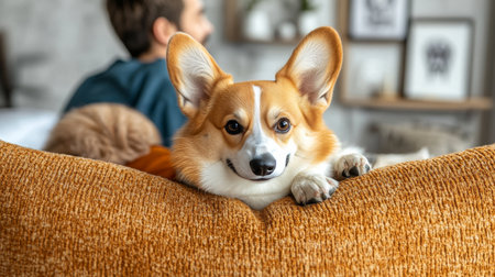 Adorable Corgi Dog Relaxing Comfortably on a Cozy Couch at Home, Resting Its Paws on Backrest.の素材
