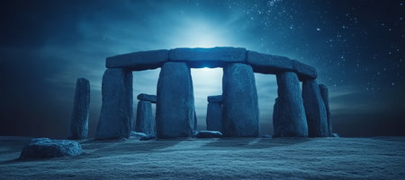 Prehistoric Solstice Ancient Stone Circle Bathed in Ethereal Blue Moonlight, Wiltshire, Englandの素材