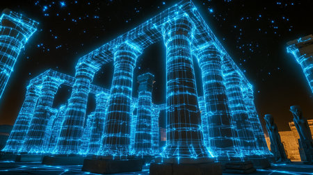 Ancient Ruins of Karnak Temple in Digital Network Style, Luxor, Egypt. Blue Wireframe at Night.の素材