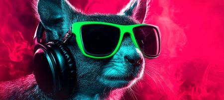 Cool Party Animal A Rodent DJ Immersed in Vibrant Neon Glow, Wearing Headphones and Sunglasses.の素材