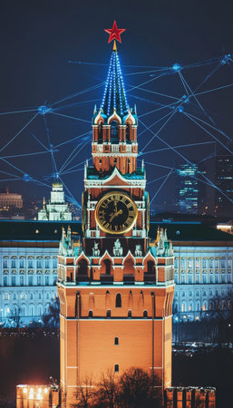 Spasskaya Tower of Moscow Kremlin Illuminates the Night, Intertwined with Digital Networkの素材