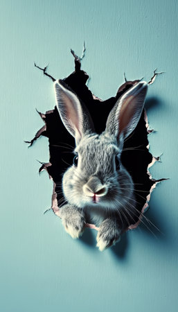 Playful Gray Bunny Peeking Through a Hole in a Pastel Blue Wall, Perfect for Easter Designsの素材