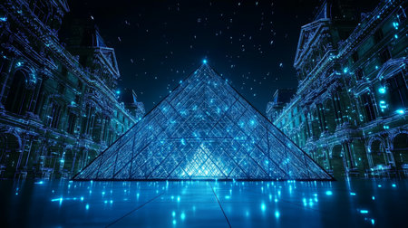 Digital Louvre Pyramid Futuristic Glowing Architectural Landmark in a Network Cyberspace Styleの素材