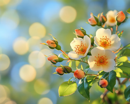 White Roses in Bloom A Botanical Portrait with Orange Pistils, Delicate Buds, and Sunny Azure Skyの素材