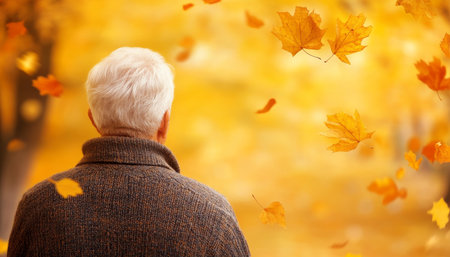Golden Years, Autumn Stroll Senior Enjoys Serene Park With Falling Leaves, Space for Textの素材