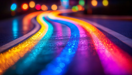 Wavy Neon Lights Background, Vibrant Abstract Glowing Stripes Texture, Energetic Ribbon Designの素材
