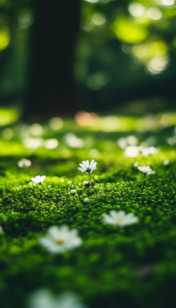 White Flowers on Lush Green Moss, Natural Lighting, Soft Focus, Nature Stock Photographyの素材