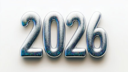 Metallic Silver Number 2026 on White Background, Sparkly Gradient for New Year Celebrationの素材