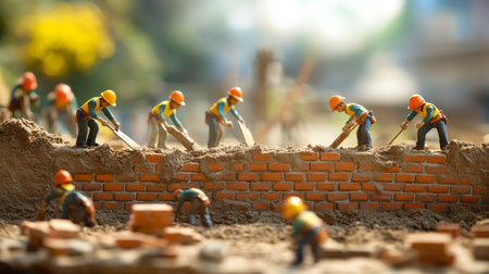 Teamwork Construction Site Miniature Construction Workers Building Brick Wall on Sunny Dayの素材