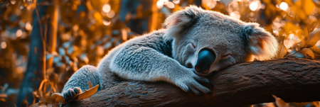 Sleepy Koala Bear Resting on a Branch in the Warm Sunlight, Natural Wildlife Portraitの素材